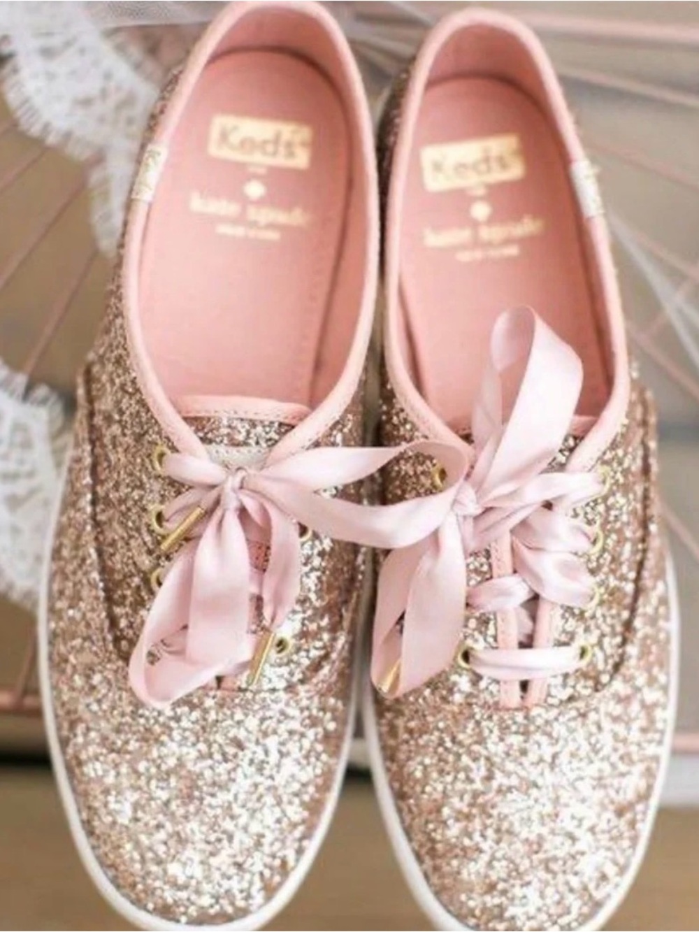 kate spade Girls Pink Glitter Ribbon Lace Sneakers